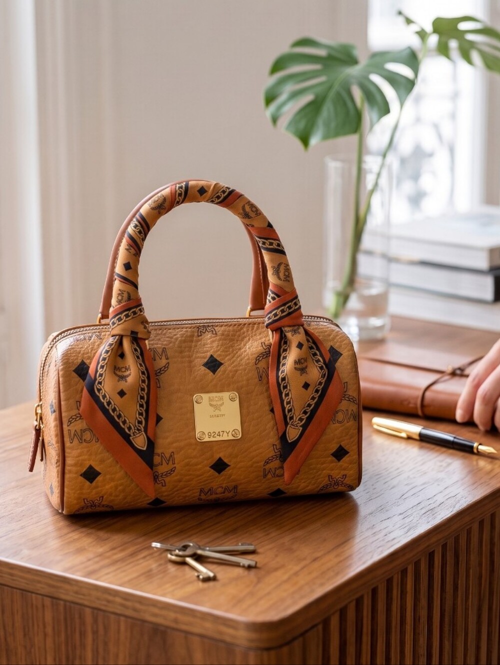 MCM Vintage Cognac Visetos Mini Satchel with Crossbody Strap